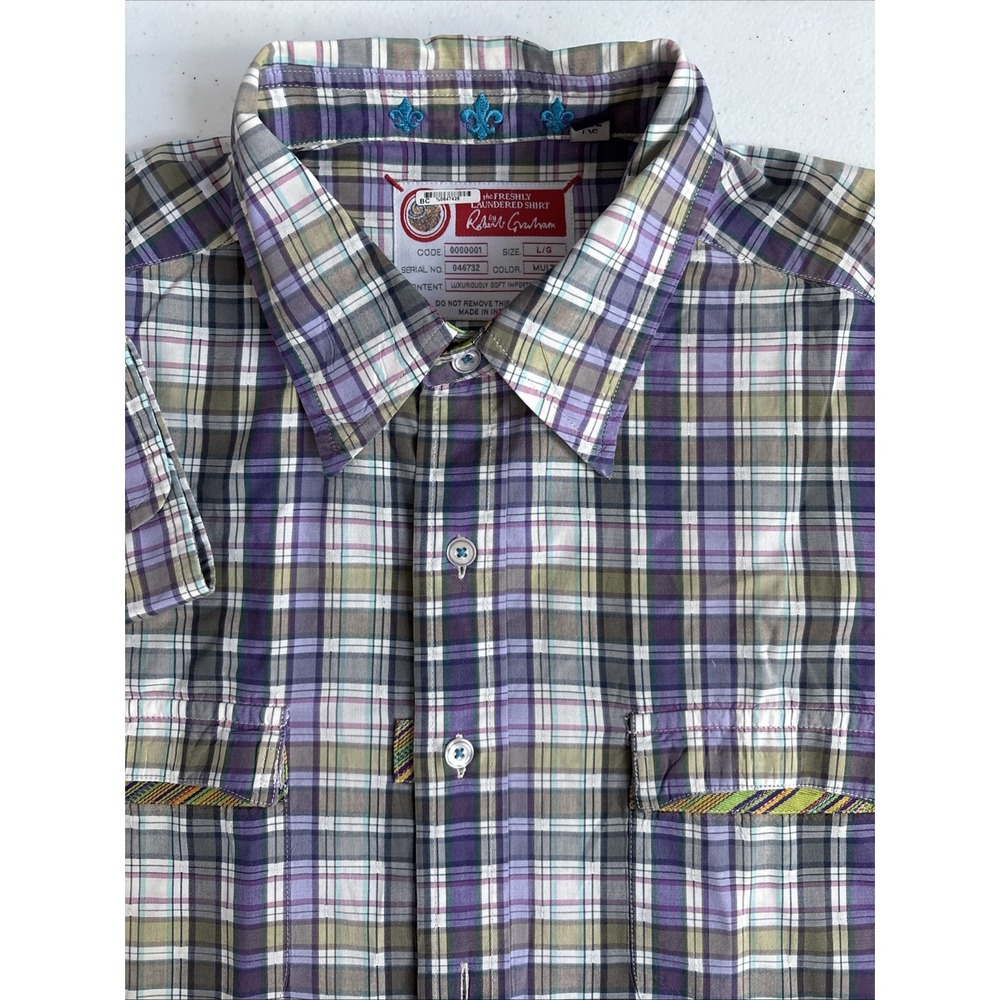 Robert Graham Mens L Purple White Green Plaid Fleur De Lis Long Sleeve Button Up